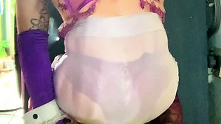 ts femboy purple stocking riding fat dildo outside