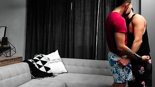 Tattooed Asian hunk barebacking his BF