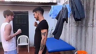Bending over on the table and getting his ass eaten out
