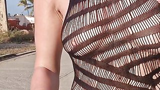 I flash my tits and pussy while walking in a see-through dress