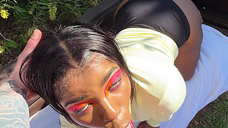 Ebony Girl Reading Outside Gets Her Throat Used by White Guy