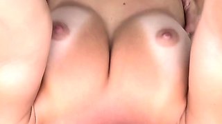 Small titted brunette teen fingering on the bed