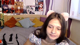 Busty curly brunette with big boobs fucks on couch