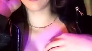 Busty curly brunette with big boobs fucks on couch