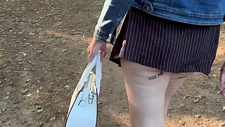 Public Flashing with Micro Skirt Anal Plug and Slave Collar