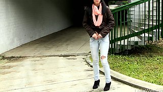 Brunette Flashing Her Titties And Pussy Outdoors In Public