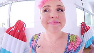 CAROLINE CROSS aka MILEY MAY Cute Cubby Blonde Coed Huge Penis POV Blowjob and Cum Swallow