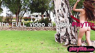 Busty Russian babe shows big ass outdoor