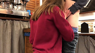 First Blowjob at Work - Sucking a Cock While Kneeling Under the Bar Counter