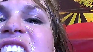 Brunette Bukkake Slut Takes Massive Cumshots From Gang