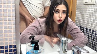 Petite beauty films her bathroom banging with her boyfriend's huge cock