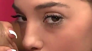 Hot brunette, Gigi Rivera, dressed in a coquettish outfit gets naked and works her partner's stiff cock in this hot sex session