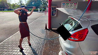 I Wash My Car - Hot Girl Next Door in a Pencil Skirt and High Heels