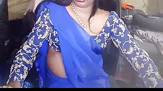 Indian Crossdresser in Blue Saree