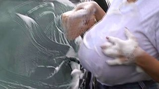 Blonde is flashing her big boobs in the outdoors