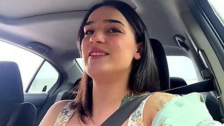 Pretty dark-haired likes public onanism in her car