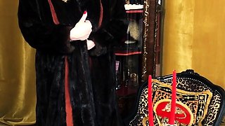 Outdoor solo masturbation scene with curly blonde