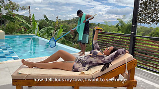 My boss's wife asks me for a massage in the pool and ends up with my big black cock in her mouth!