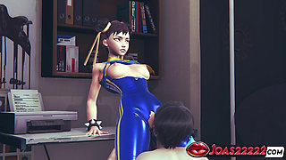 Chun Li Street Fighter 6 - Sexy Cosplay Anime Girl In Blue Latex Costume Gets Her Pussy Licked Through Tight Pants With Orgasm