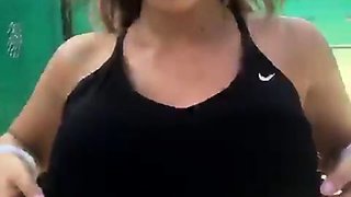 Blonde is flashing her big boobs in the outdoors