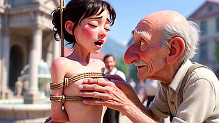 Tied Woman in Public Square - Old Man Caresses Her Body