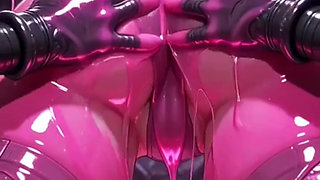 Pink anime girl elf in pink combat suit, gets rubbed by hoses