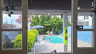 Kitchen Slut Wife Fucks Husband's Friends While He Cleans Pool - Amateur Latina MILF Kelabate & Sheikdefloripa