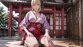 Purple Kimono Fantasy! Blonde Goddess in the Japanese Corridor, lazy gazes, hand on hips, sunlight drenching her skin.