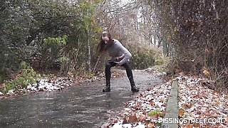 Gorgeous outdoor pissing with a long-legged brunette Joana Intense