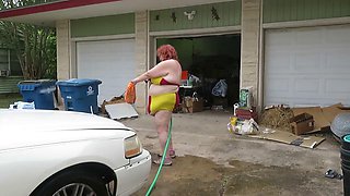 Hot Mature BBW Redhead Nurse Vicki Washes Her Car!