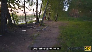 Malusha and Moonlmp get naughty in the jogging lane and share a big cock