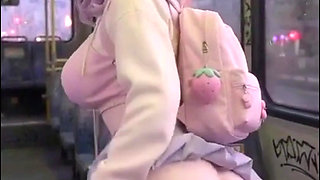Shy kawaii hentai girl, alone on public bus