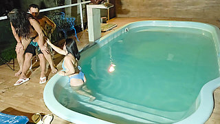 Caught in the Act! Two Brunettes Caught Masturbating in the Condo's Pool