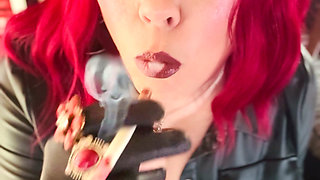 Your Mistress Tina Snua Dressed in Leather Chain Smoking 2 Cork Cigarettes