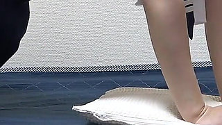 No Bra Apron-style Miniskirt Student Uniform, Micro Thong Wedgie, Socks, Skinny Cute Japanese Girl's Sexy Room Fitness