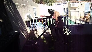 Outdoor solo masturbation scene with curly blonde