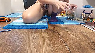 Sexy MILF, hairy pussy, big ass, vacuum cleaner in empty house. Latina with big hairy tits