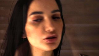 Small titted brunette Sharron with glasses masturbates