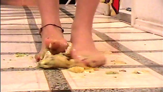 Crushing food with pedicured feet