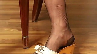 Nylons & Classic Wooden Clogs - Slow Dangling Tease