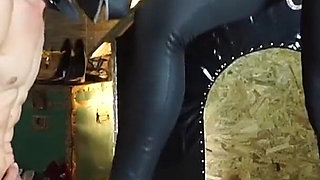 Femdom Leather Queens Dominate Naked Slave in Heels