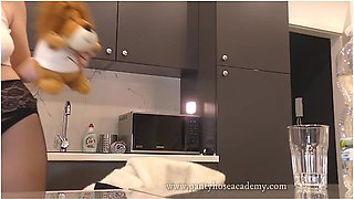 Hot And Sexy Tight Pussy Blonde Wife In The Kitchen Shows Her Sheer Shiny Black Pantyhose And Takes Off Panties