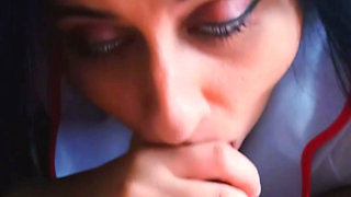 Sexy slut nurse on her knees for pov blowjob keeps sucking big cock after enormous facial cumshot