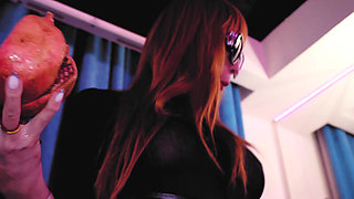 Leather mistress Eva Latex hot food fetish kink BDSM boots MilF mature solo kink dominatrix bathroom