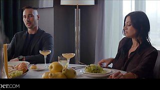 Two seductive wifes with amazing forms swapped their husbands for an awesome group sex