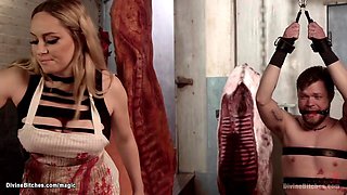 Meat delivery man bound and pegged