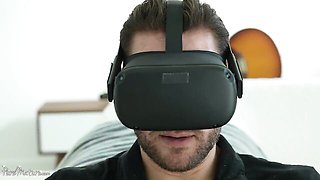 LaSirena69 walks in, finds him in a VR headset, and starts stroking his cock