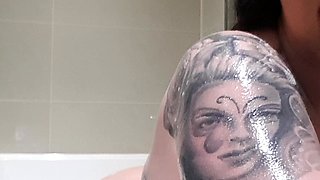 Busty curly brunette with big boobs fucks on couch