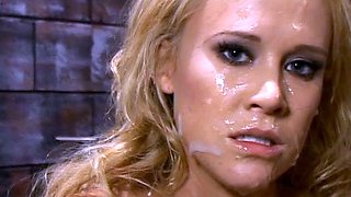 Amateur slut facialed in blowjob group and swallows