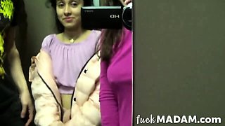 (RISKY PUBLIC SEX) Threesome and facial in an elevator!!!